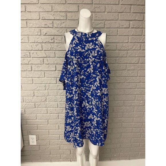 Solgee Royal Blue Floral Cold Shoulder Dress Size M - Picture 1 of 10